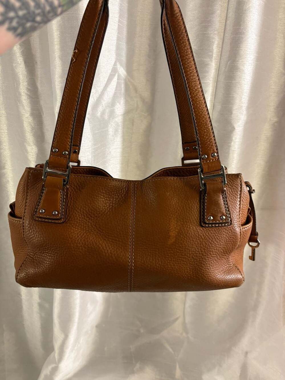 Fossil Brown Pebbled Leather Shoulder Bag Satchel with Side Pockets - Picture 2 of 10